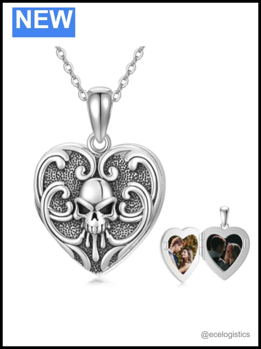 Sterling Silver Skull Heart Locket Necklace, Holds Photos, Gift Box